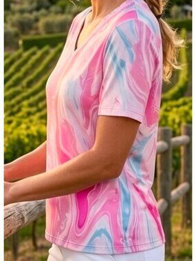 Team 365 Womens Pink Swirl Short-Sleeve V-Neck Moisture-Wicking Jersey Athletic
